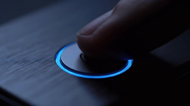Glowing blue power button starting a modern electronic device.