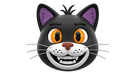 3D Cartoon Black Cat Face with Big Orange Eyes and Fangs