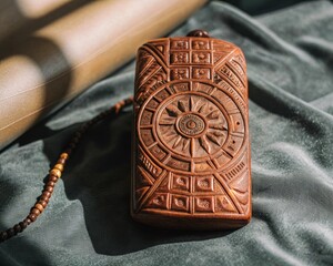 Intricately Carved Ancient Wooden Amulet with Geometric and Sun Symbol Details