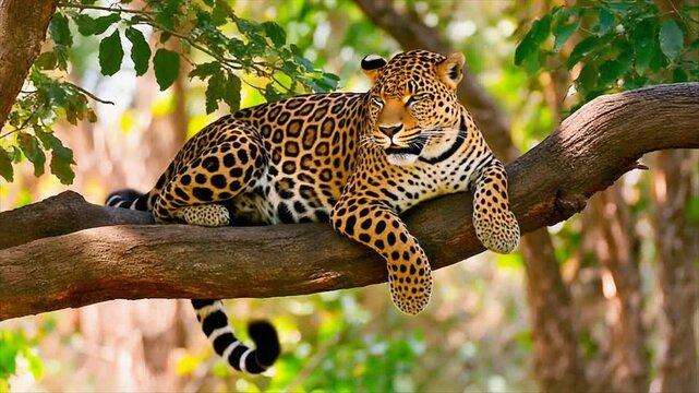 Leopard resting on a tree branch.