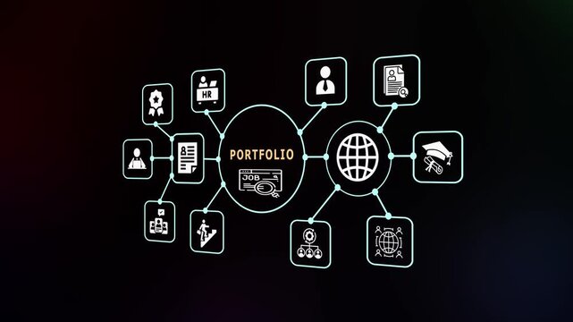 Professional portfolio concept with resume showcase, career achievements and HR network icons.
