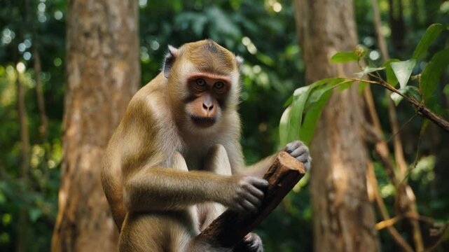 Monkey eating leaf in forest habitat.