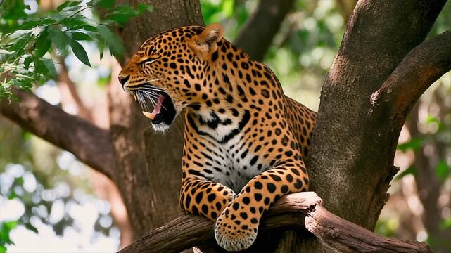 Leopard resting on tree branch roaring.