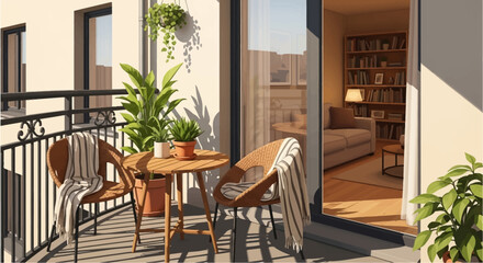 Fototapeta premium Peaceful Balcony with Rattan Chair, Small Table, and Potted Plants for Outdoor Relaxation in a Bright Residential Setting