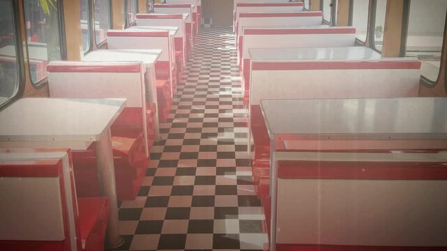 Retro Diner Booths with Red and White Design, Retro Diner Interior with noise.