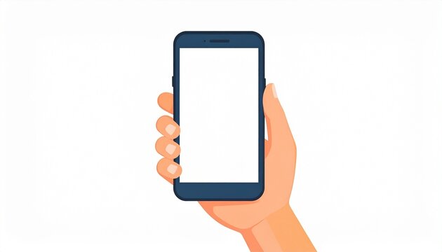 Clean professional flat style illustration of a person holding a smartphone with vertical blank screen for UI UX design