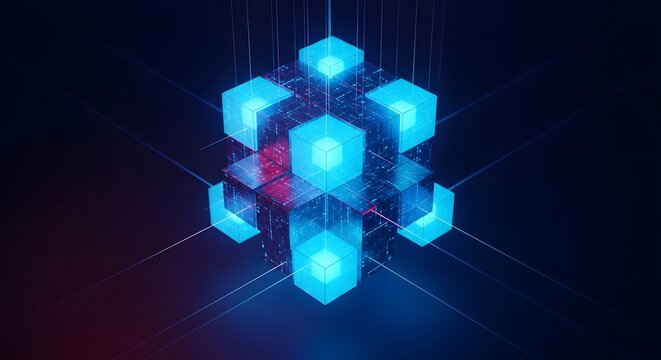 Abstract blockchain network concept with glowing blue cubes and connected lines on dark background