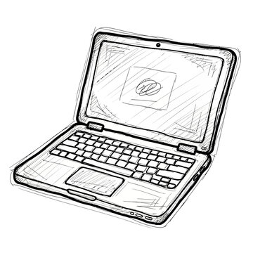 Hand-drawn sketch of an open laptop computer on white background