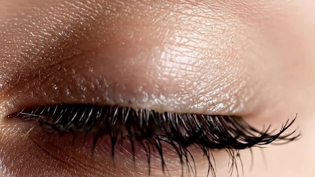 An extremely detailed close-up shot captures a human eye gracefully opening and closing, revealing a stunning iris with intricate patterns of green and brown tones. The delicate movement of the long, 