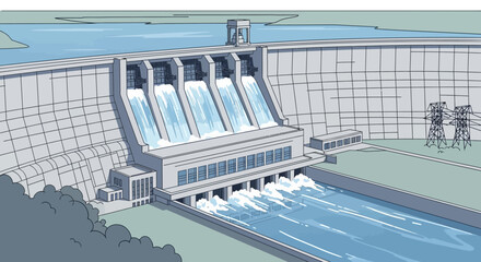 Fototapeta premium Large hydroelectric dam generating electricity and releasing water into a river in an industrial landscape, showcasing renewable energy.