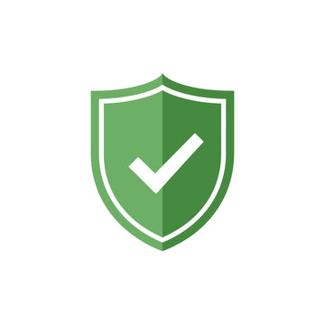A green shield icon with a white checkmark symbolizing security, approval, and verification on a plain white background