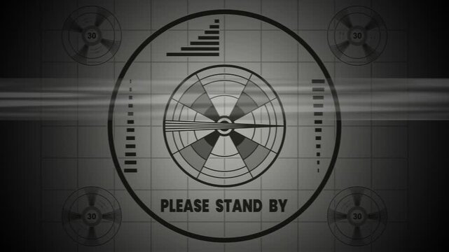 Please stand by screen displays a falloutstyle tv test pattern for a retro waiting visual.  tv test pattern for a retro falloutstyle visual ideal for creating suspenseful and vintagethemed designs.