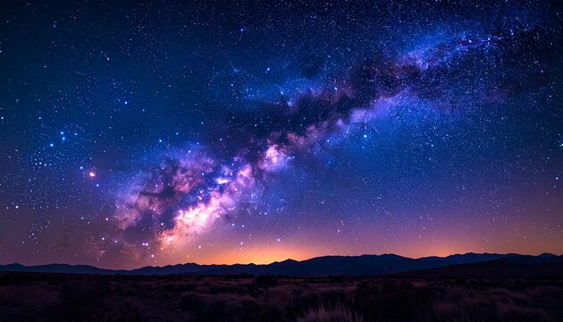 Dramatic cosmic night landscape featuring a vibrant purple galaxy and shimmering stars over dark mountain ridges