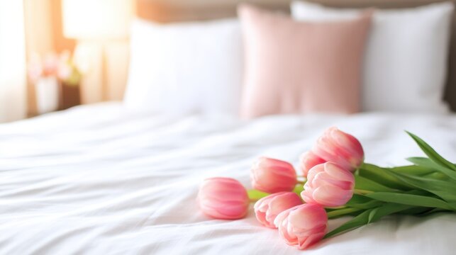 Softly lit bedroom scene with white sheets and a bouquet of pink tulips resting on the bed. Soft morning glow