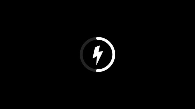 A minimalist circular loading indicator with a white lightning bolt symbol at its center and a partial white arc representing progress against a solid black background creating a clean and modern