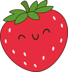 Cute strawberry character with happy expression, featuring vibrant red color and green leaves on top