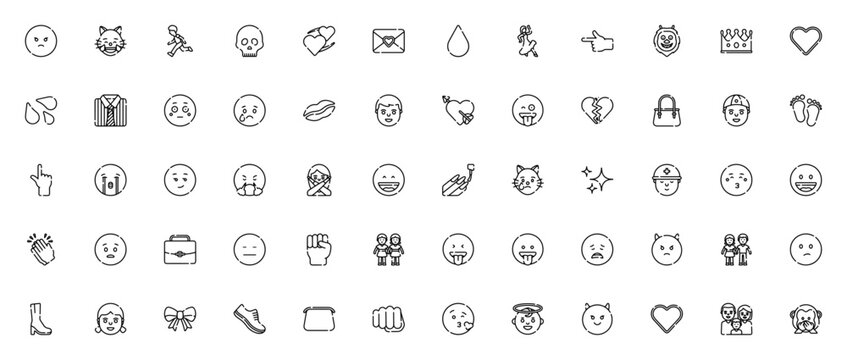 Smileys and emojis icon set. Vector emoji collection featuring angry, skull, heart, cat, kiss, sad, happy, devil, family and more. Editable flat icons.