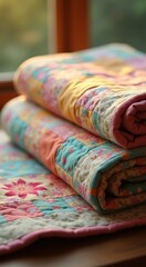 Fototapeta premium Quilts folded on a table near a window
