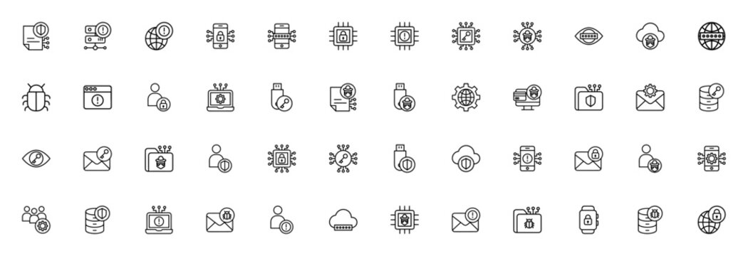 Cyber Security icon set. Minimal line vector icons pack. Includes symbols for hacker, firewall, password, encryption, data protection, network security and more.