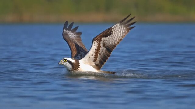 Osprey catching fish in water.
