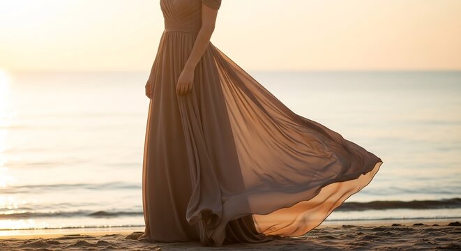 Elegant woman in a flowing, taupe chiffon gown on a sandy beach at sunset, with the ocean and warm sky in the background.