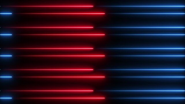 A dynamic abstract background featuring a symmetrical arrangement of horizontal glowing neon light bars in alternating rows of bright blue and vibrant red, creating a futuristic and energetic