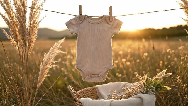 Baby bodysuit hanging on clothesline in field at sunset