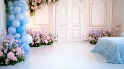 Elegant pastel studio with pink doors, blue draped bed, balloons, and florals bathed in sunlit light and glow