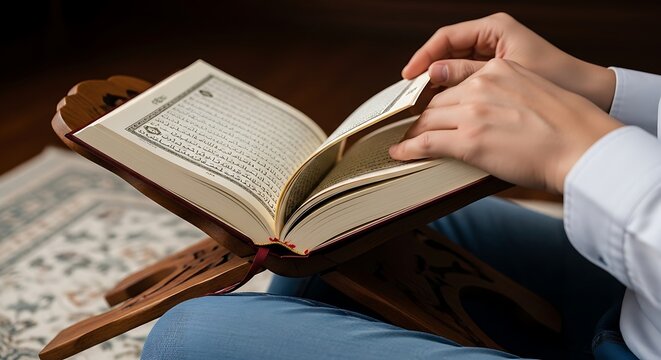 Person reading a holy book indoors.