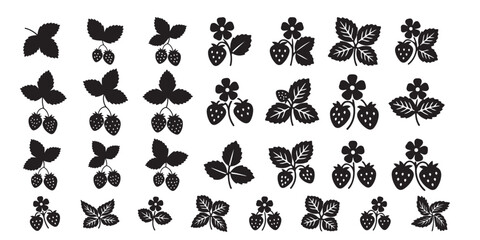Black silhouette of strawberries, branches, berries and leaves, vector set for stencil.