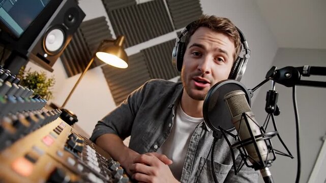Young white man podcast host in home recording studio, speaking into condenser microphone with headphones and mixer, creative media production mood for World Radio Day