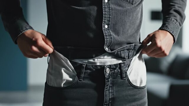 Man pulls out empty pockets showing no money.