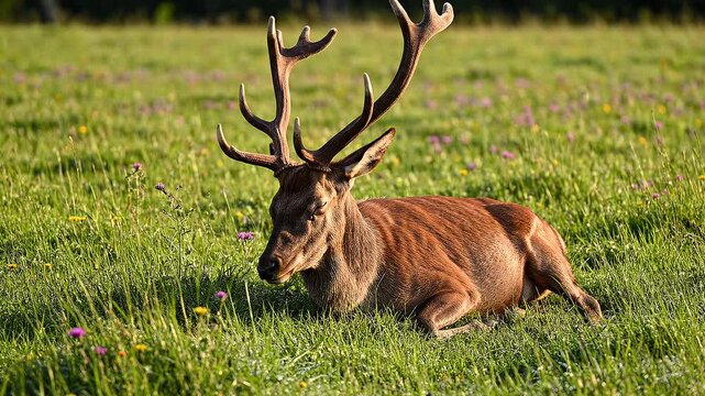 Red deer stag lying in grass.