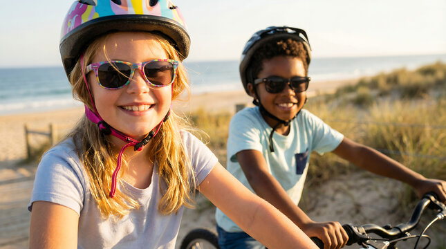 Happy multiethnic children riding bicycles on a sunny beach path wearing helmets and sunglasses during summer vacation.