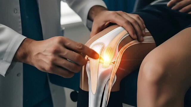 Doctor examining knee joint anatomy with glowing inflammation showing pain and injury diagnosis medical consultation orthopedic examination