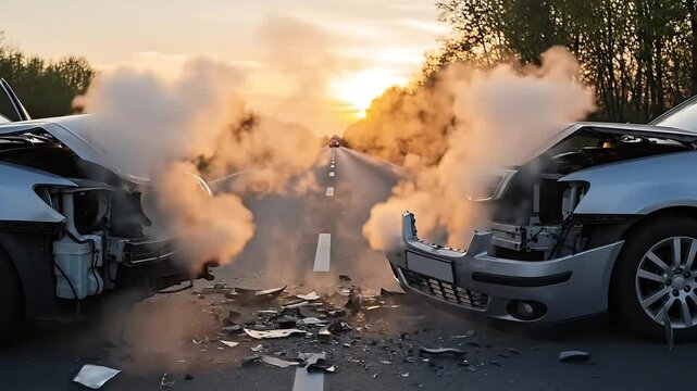 Dramatic head on car collision aftermath with smoke and debris on road at sunset dramatic accident scene