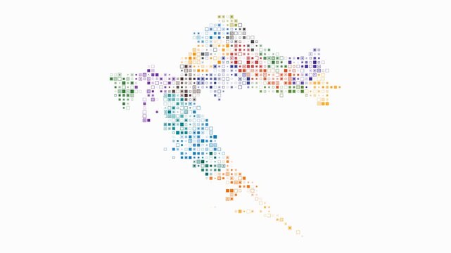 Croatia map animation. Shape of the country with pulsating colored dots. Small size square blocks. Digital style Croatia map on white background. Classy video.