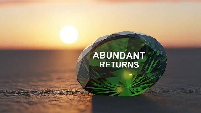 Emerald gemstone with abundant returns text glowing against a serene sunset backdrop symbolizing financial growth prosperity and investment success