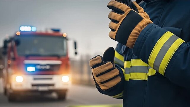 Firefighter in protective gear holding radio communication device with emergency vehicle lights flashing in background during rescue operation
