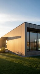 Fototapeta premium Modern Minimalist Home Exterior with Large Windows and Green Lawn.