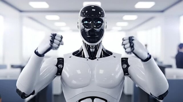 Futuristic humanoid robot with glowing blue eyes clenches fists in modern office setting symbolizing artificial intelligence advancement and automation in business