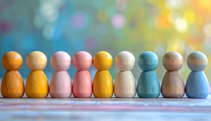 Naklejka premium 木製の人形が並んでいる 人材、多様性、個性、チームワークなどをイメージ AI生成素材