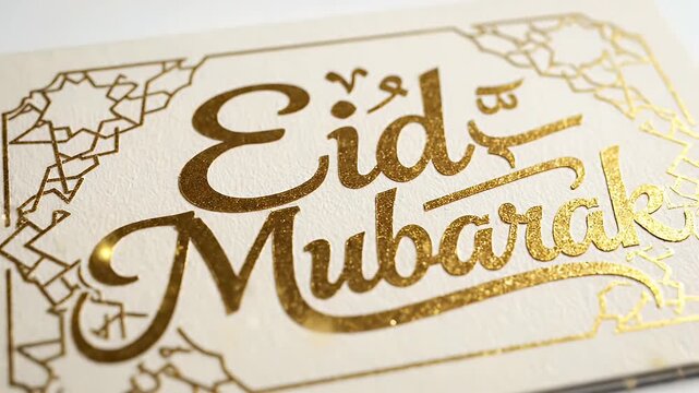 Elegant Eid Mubarak greeting card with gold foil on white background
