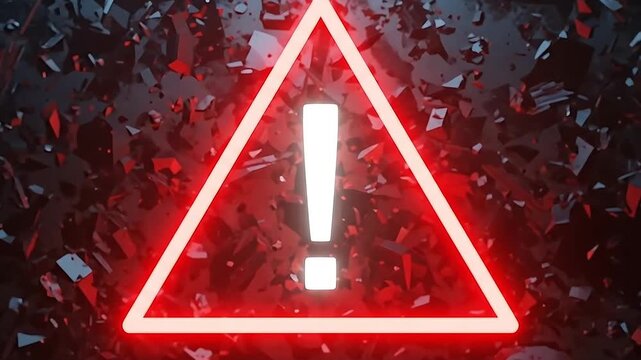 Glowing red warning triangle with exclamation mark shattering dark background abstract danger alert symbol digital animation