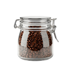 Transparent glass storage jar filled with roasted brown coffee beans sealed tightly on transparent background