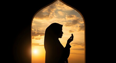 Silhouette of a woman in hijab praying at sunset, symbolizing faith and devotion within an arched window frame