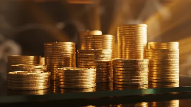 Stacks of gold coins representing wealth and savings.