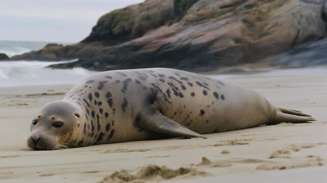 Seal on sandy beach by ocean.