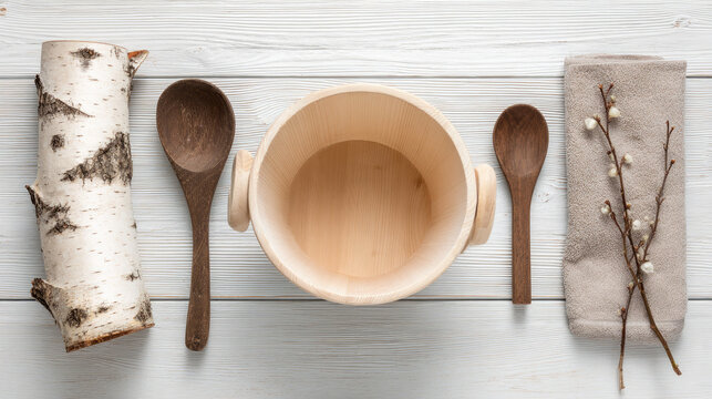 Nordic wooden sauna bucket wooden spoon birch log towel branch flat lay white wood background rustic relaxation spa Nordic wooden sauna bucket with two wooden spoons birch log soft towel