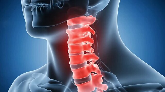 Human cervical spine anatomy medical glowing red pain points highlighted in 3d rendering on blue background